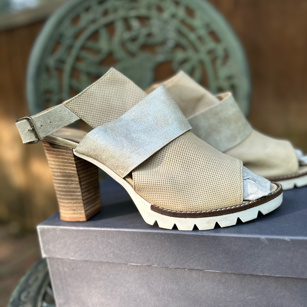 Cream and Silver Heels with Chunky Heel and Open Toe